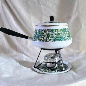 Vintage Paisley Fondue Pot, Del Coronado Spain Metal Saucepan Stand & Trivet